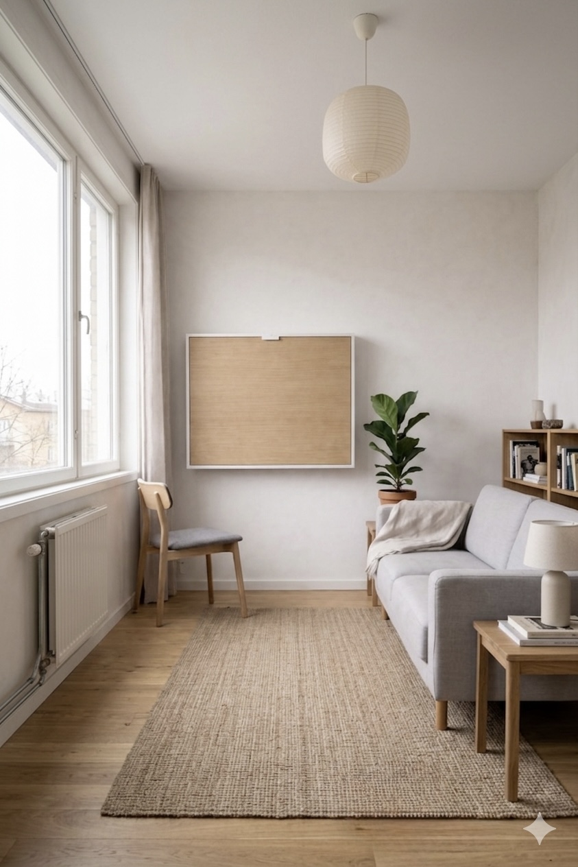 კედელზე სამაგრი დასაკეცი მაგიდა ოთახში, დახურულ მდგომარეობაში